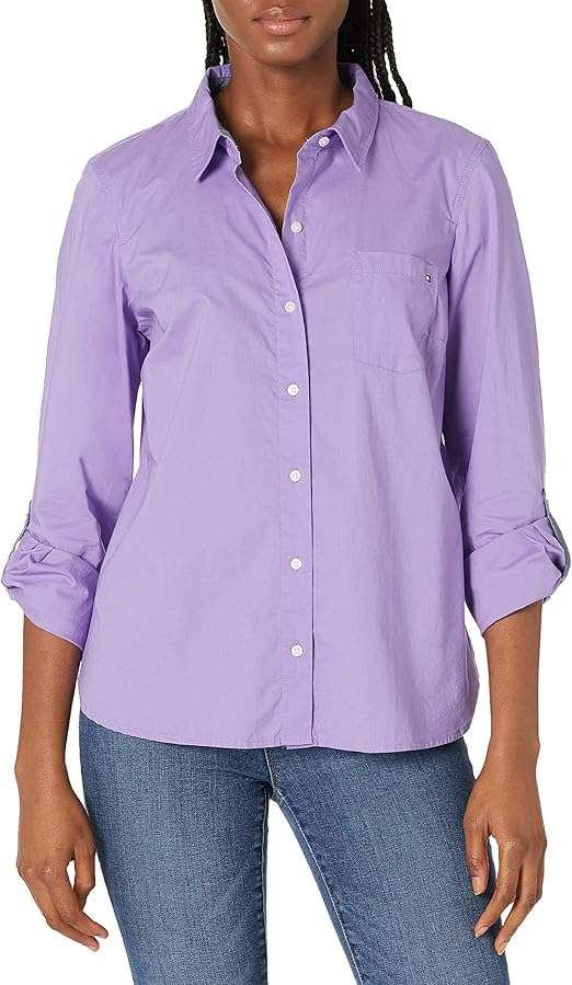Tommy Hilfiger Womens Short Sleeve Camp Shirt, Printed Pindot Amazon