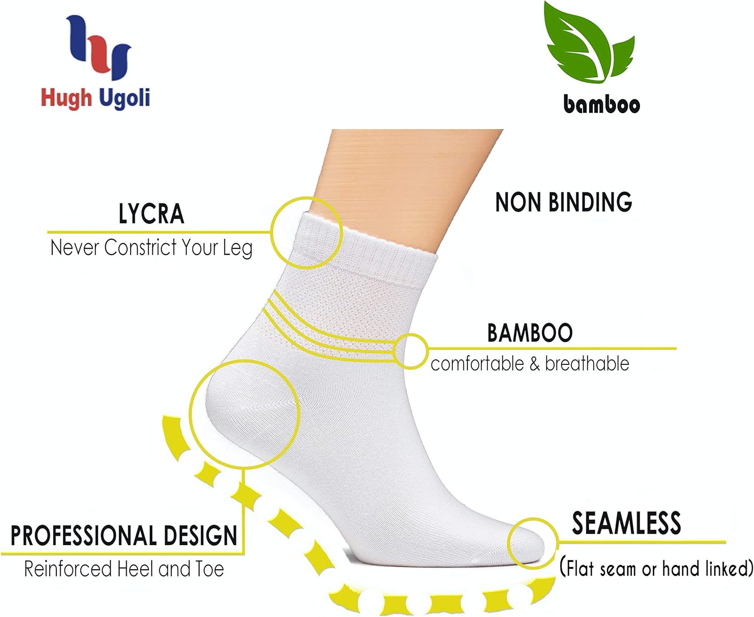 Hugh Ugoli Women's Loose Diabetic Ankle Socks, Bamboo, Wide, Thin, Seamless Toe and Non-Binding Top, 4 Pairs: Clothing