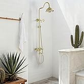 Exposed Shower System Brushed Gold,Antique Brass Shower Faucet with 8 Inches Rainfall Shower Head,Vintage Outdoor Shower Fixt