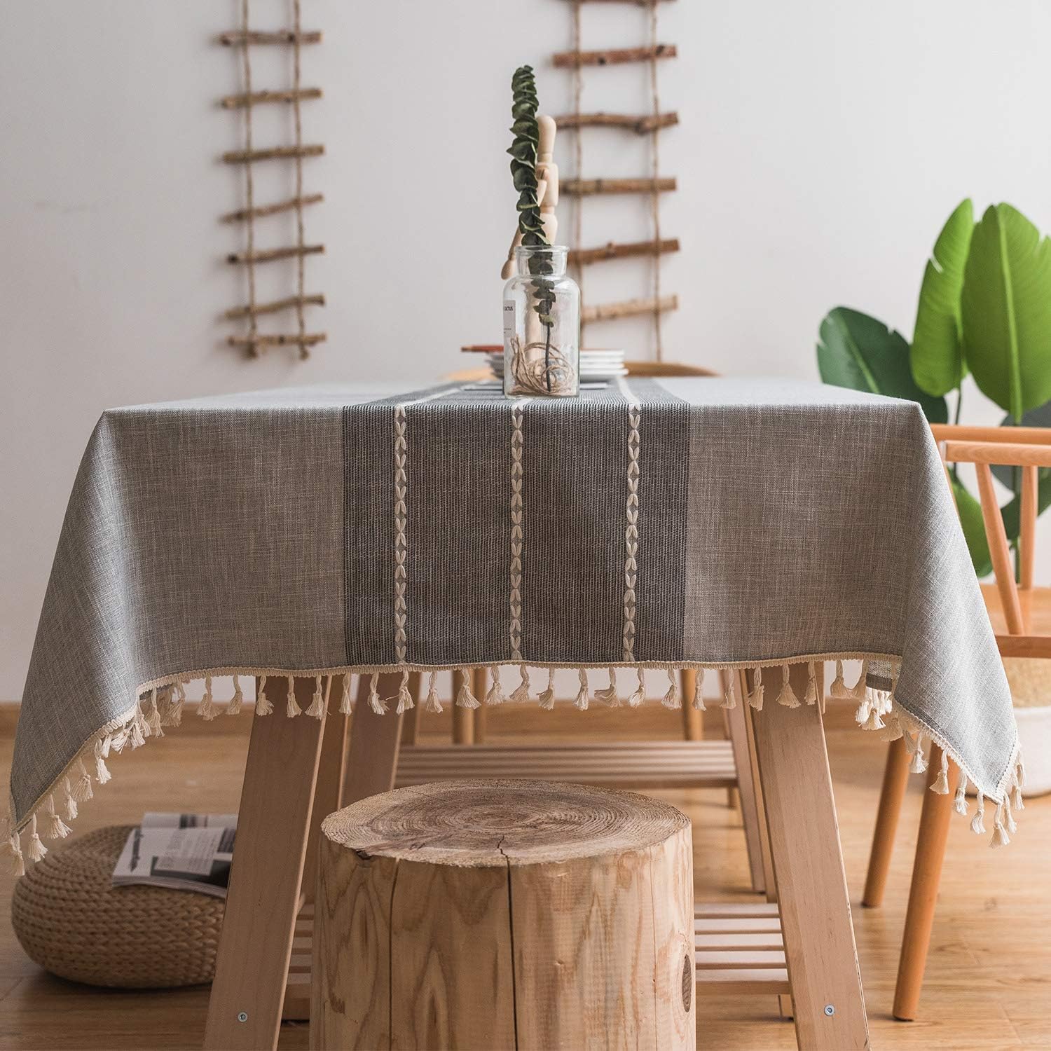 Mokani Washable Cotton Linen Stitching Tassel Design Tablecloth, Rectangle Table Cover Great for Kitchen Dinning Tabletop Buffet Decoration (55 x 70 Inch, Gray): Kitchen & Dining