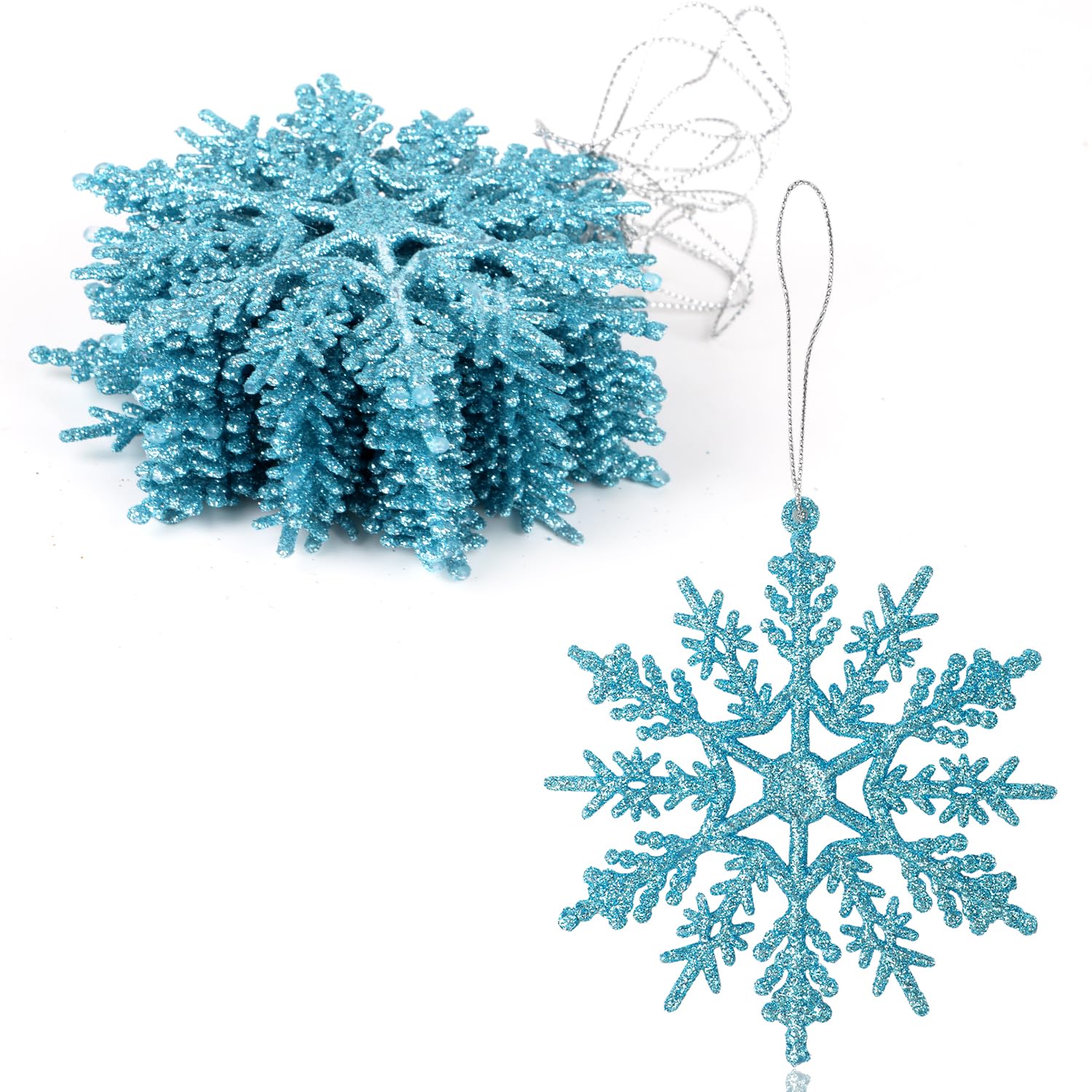 VEYLIN Christmas Hanging Decorations - 12PCS Glitter Snowflake Ornaments for Trees (Blue)