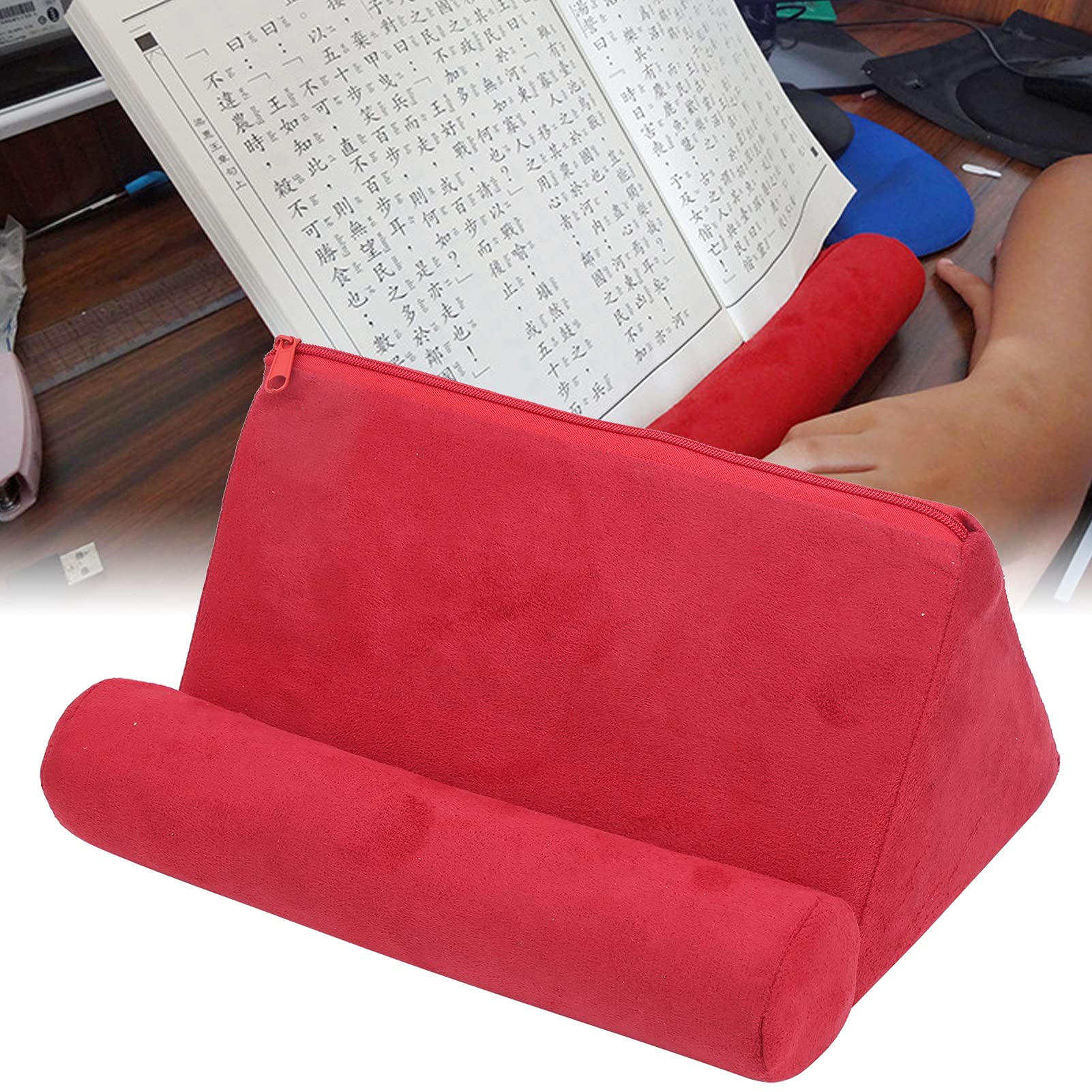 Tablet Stand, 9.6x6.5x4.7in Red Suede Fabric Pillow Tablet Holder, Foldable Tablet Cushion Compatible with Tablets, E-readers, Smartphones, Books, Magazines
