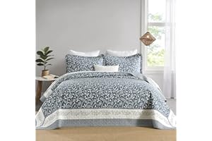 SahSahCasa 100% Cotton 120"x102" Oversized Queen Bedspread Coverlet Quilt Set, Queen Quilted Bedspread Reversible Extra Large Quilt, XL Bed Spread Lightweight Comforter, 3pc, Grayish Blue/White