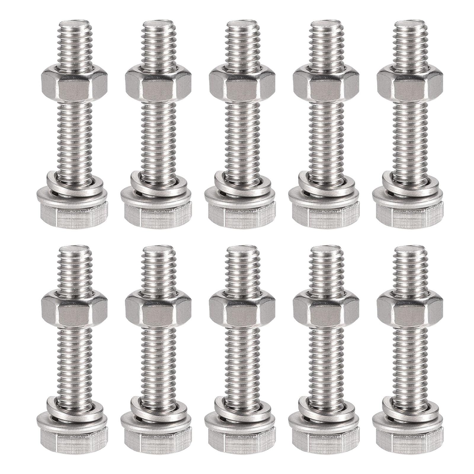 TOP-VIGOR 10Pcs M6 x 30mm Hex Head Screws Bolts, Nuts, Flat & Lock Washers Kits, 304 Stainless Steel Fully Thread Hexagon Bolts for DIY Bike Motorcycles Repair