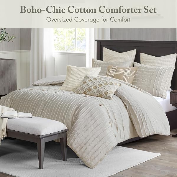 MADISON PARK QUEEN COMFORTER SET CLIPPED JACQUARD STRIPES WITH BUTTONS BOHO COMFORTER FOR A QUEEN-SIZE BED, COTTON OVERSIZED COMFORTERS WITH REMOVABLE COVER BOHO BEDDING, QUEEN IVORY 8 PIECE