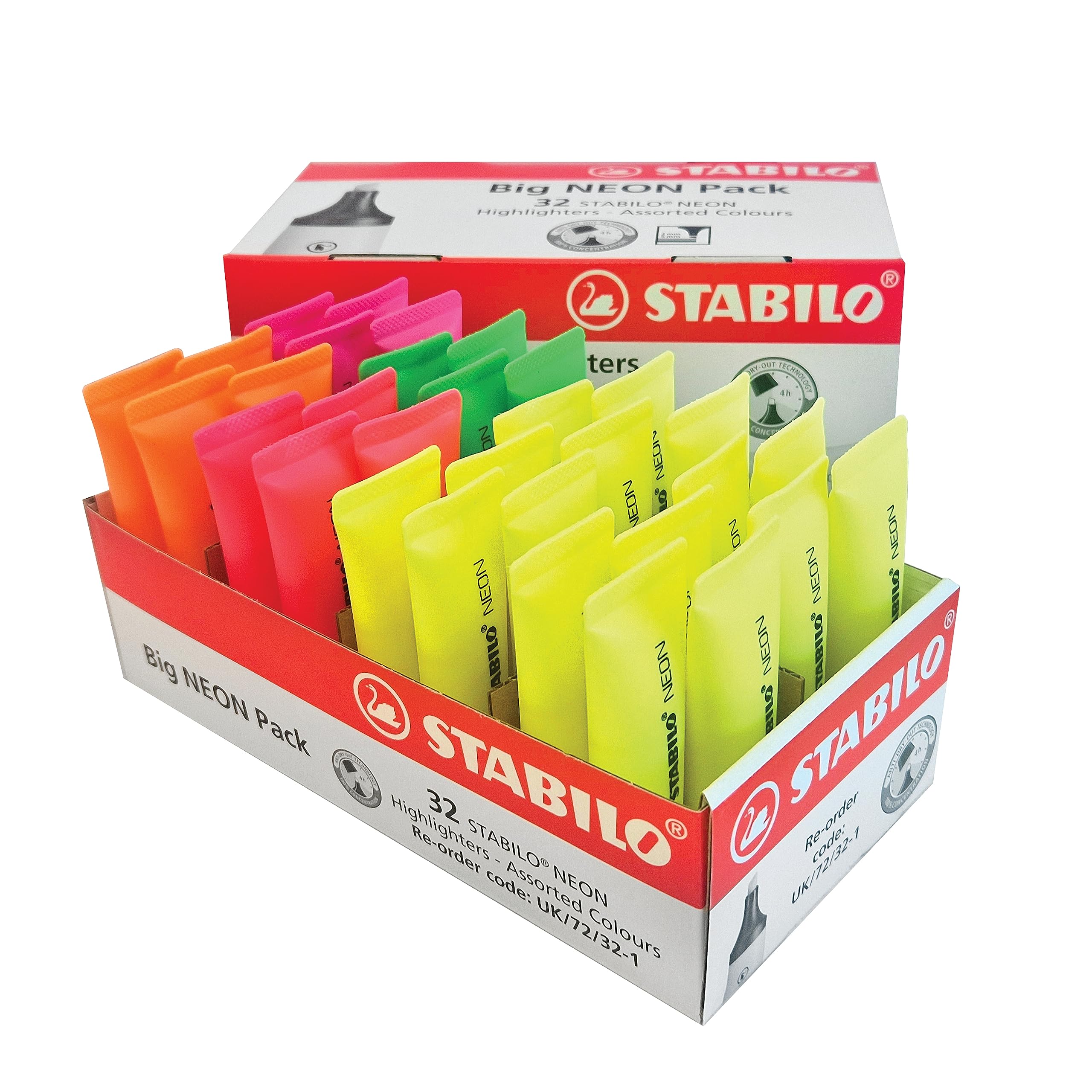 STABILO NEON - Highlighter - Pack of 32 - with 5 Neon Colours