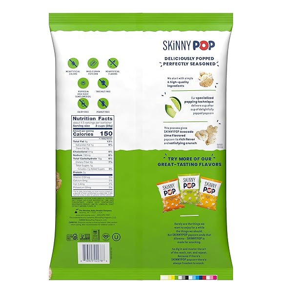SKINNYPOP POPCORN, AVOCADO LIME, WHOLE GRAIN SNACK, DAIRY-FREE SNACK, 4.4OZ BAG