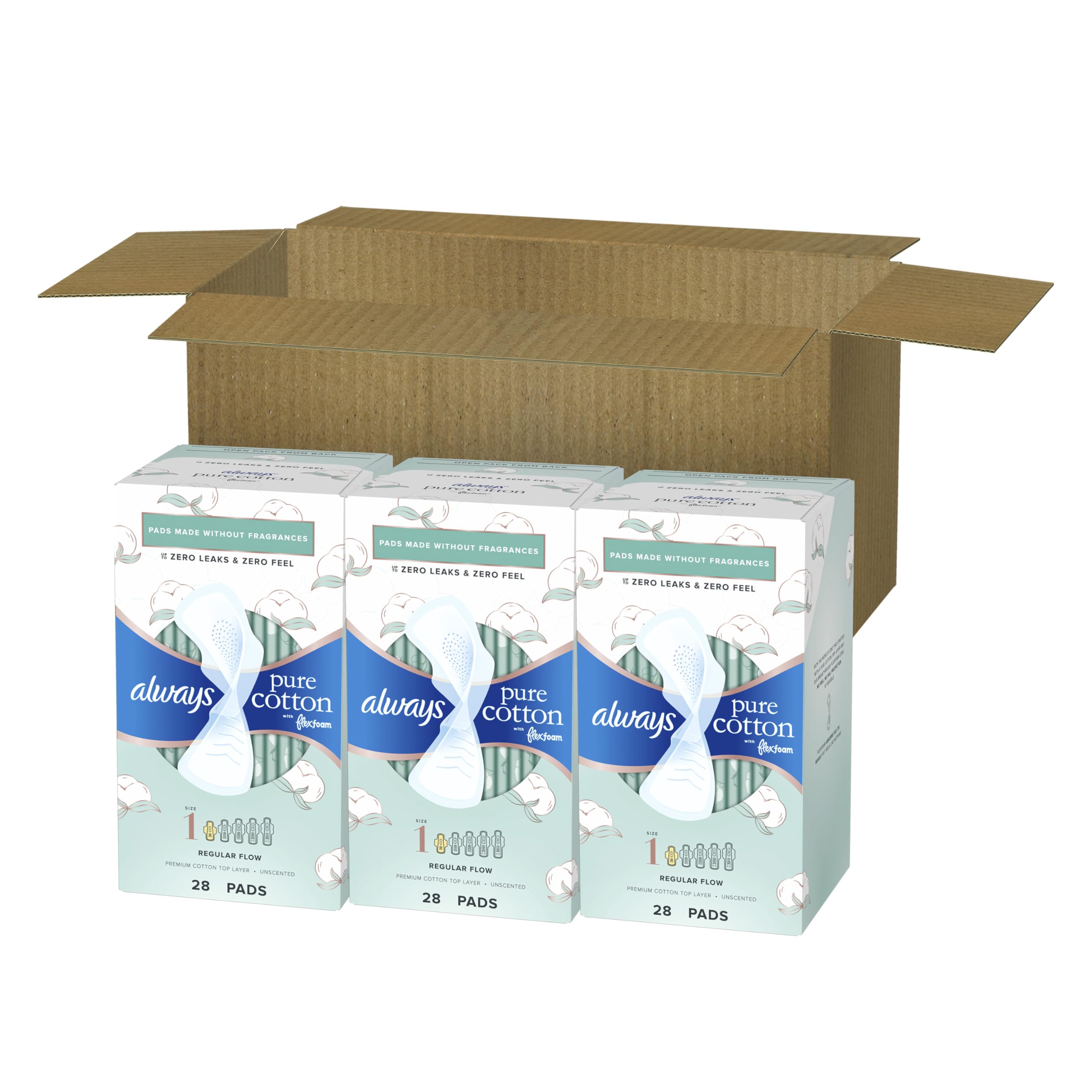 Always Pure Cotton Feminine Pads for Women, FlexFoam Pads with Wings, Size 1, Regular Absorbency, Unscented, 84 Count (3 Packs of 28)