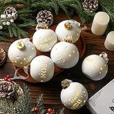 Simgoing 9 Pieces Light up White Ceramic Village House Noel Sweet Home Ornaments Bulk Christmas Tree Decorations Indoor LED Lighted Hanging Porcelain Xmas Balls Battery Operated for Housewarming Gift