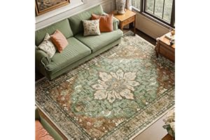RELEANY Area Rugs 8'x10' Washable Non-Slip, Floral Vintage Distress Print Pattern Medallion Carpet for Living Room Bedroom Dining Room, Brick Red Rust Neutral Brown Burnt Orange Green