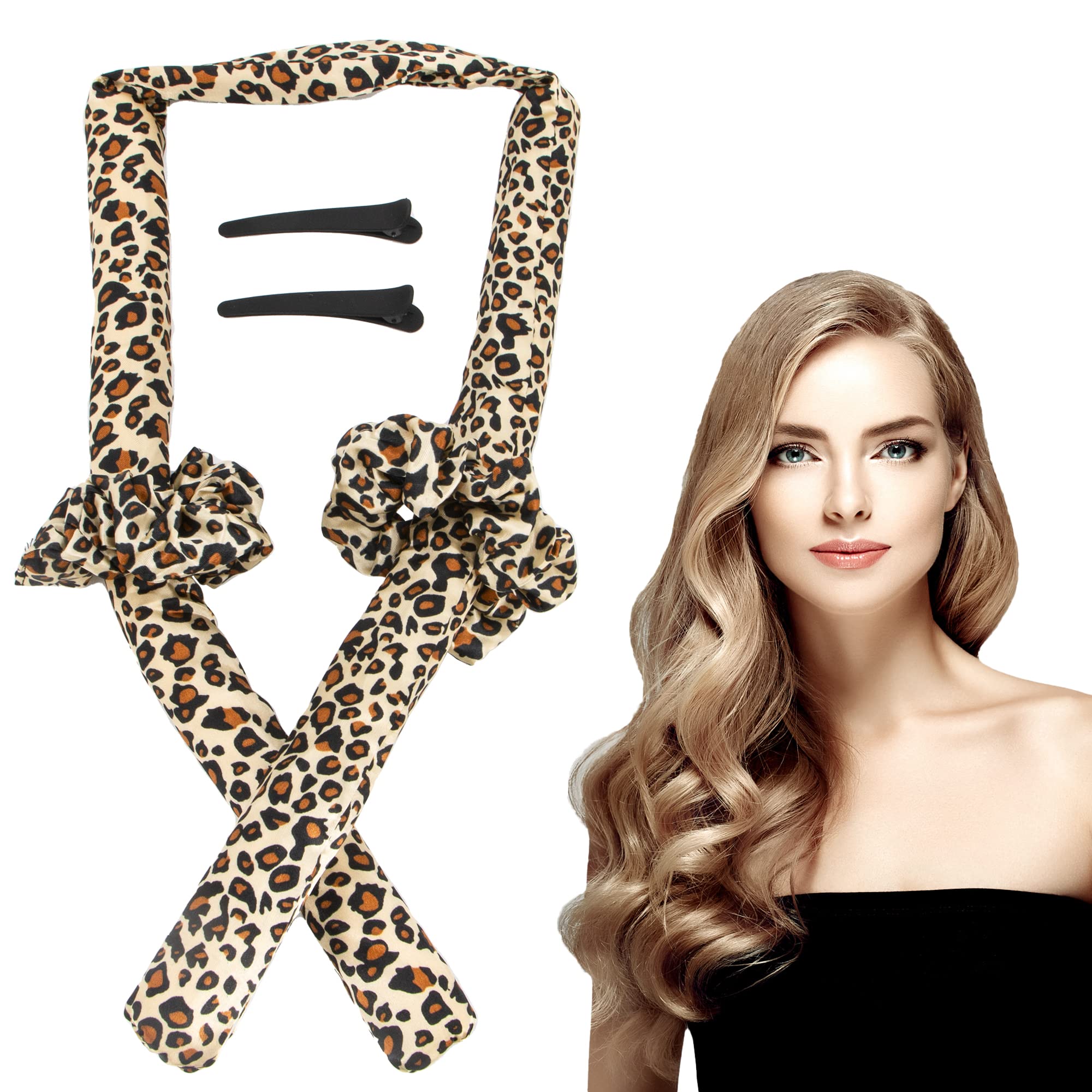 Time to Sparkle 1 SET New Hair Curlers With two ties and two duckbill clips to Sleep In Naturally and No Damage Heatless Curler for Long and Medium Leopard Grain