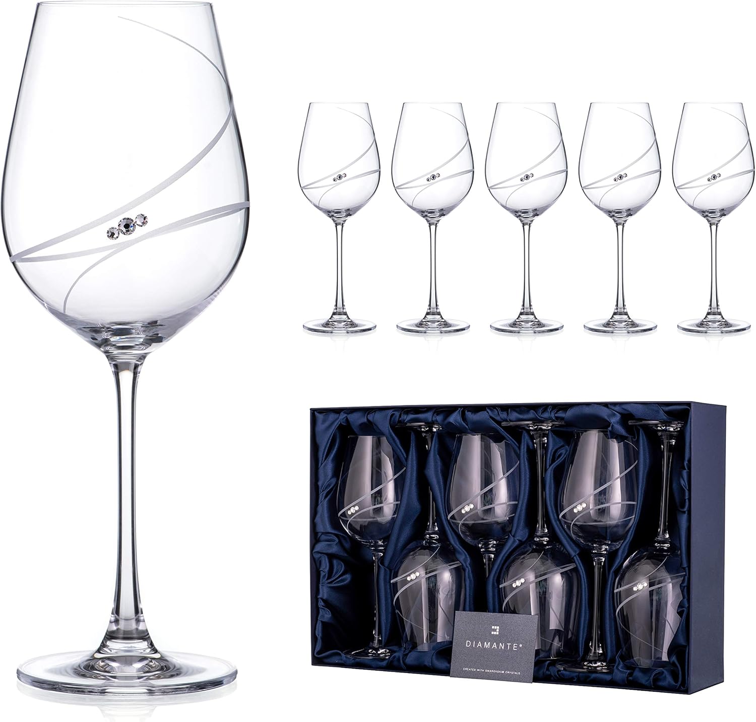 DIAMANTE Swarovski Red Wine Glasses 'Allure' Collection Hand Cut Design