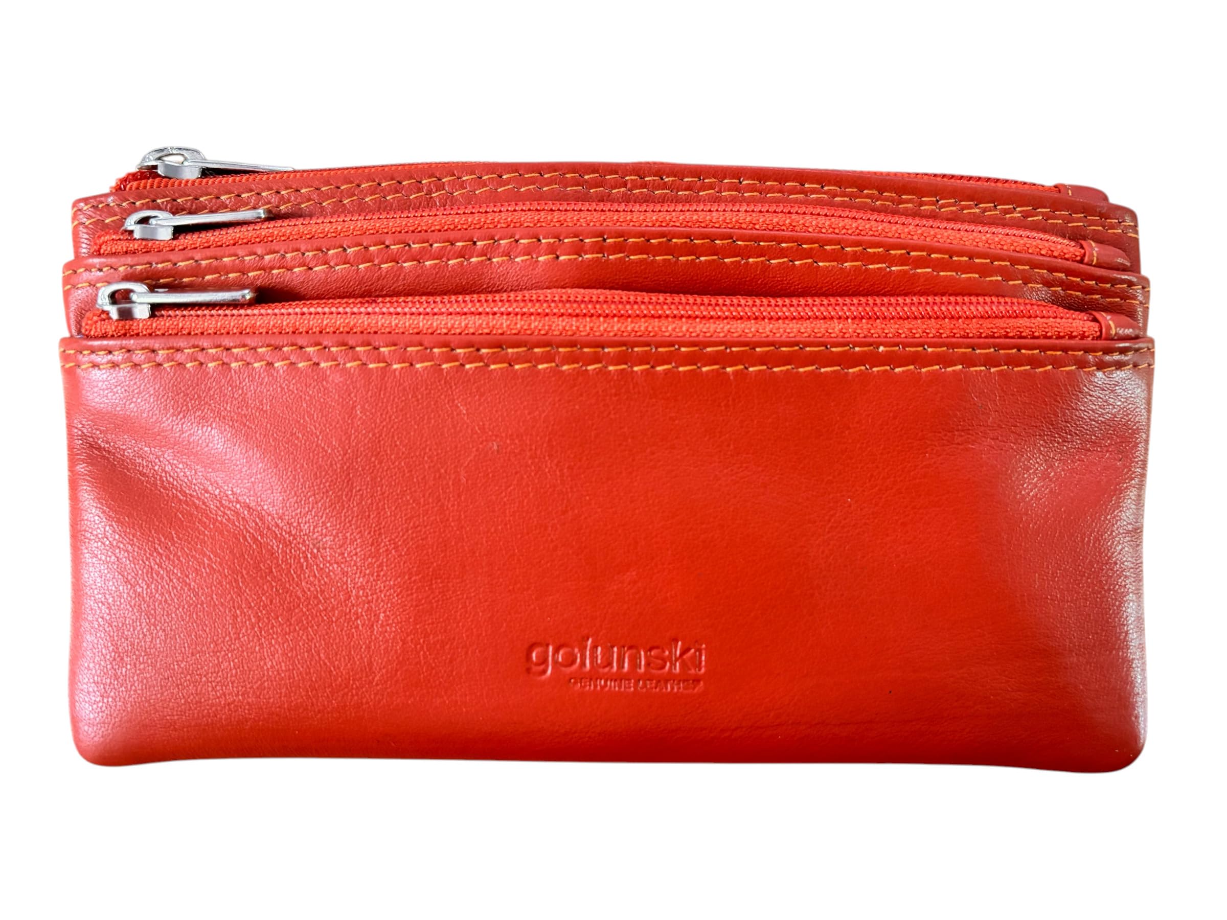 Golunski Genuine Nappa Leather 3-Zip Coin Purse for Women – Compact Ladies Wallet with Multiple Compartments (Orange)