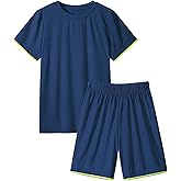 Somaibo Boys Athletic Short Sets 2 Piece T-Shirt and Shorts for Kids Loose Mesh Outfit Sets