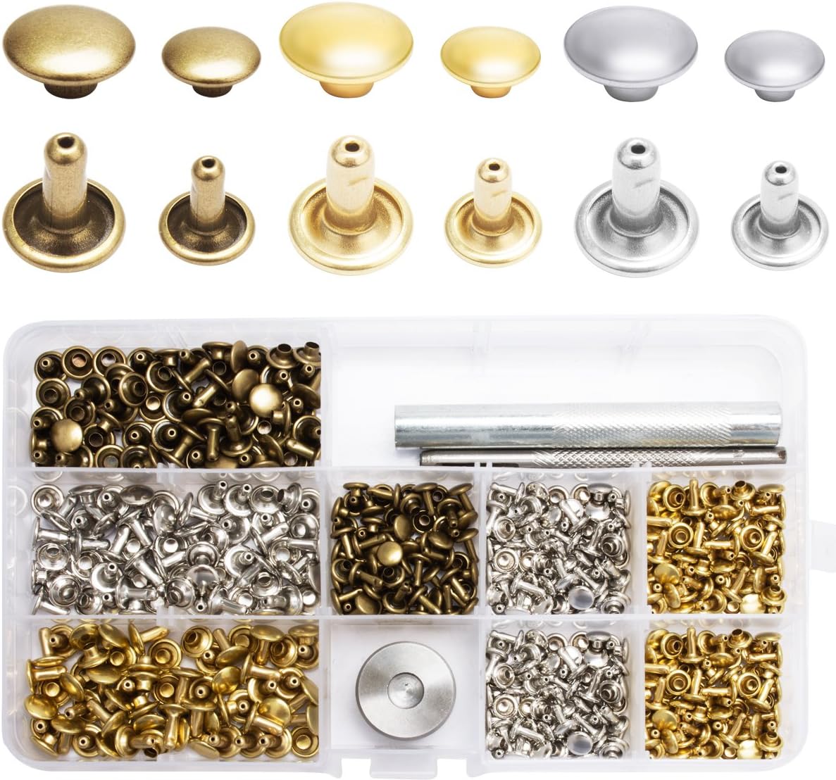 Cavetee Leather Rivets Double Cap Rivet, 180 Set 2 Sizes Tubular Metal Studs with 3 Pieces Fixing Tool, DIY Leather Craft Tools, Rivets Replacement, 3 Colors and 2 Sizes (Gold, Silver and Bronze)