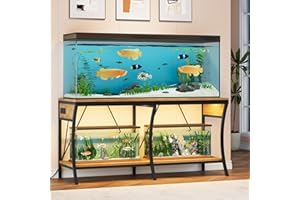 CONDEMO 55-90 Gallon Fish Tank Stand with Power Outlets, 2-Tier Aquarium Stand with LED Light Strip & Open Storage Shelves, Heavy Duty Metal Table for Reptile Tank, 1150 LBS Capacity, Light Brown and Black