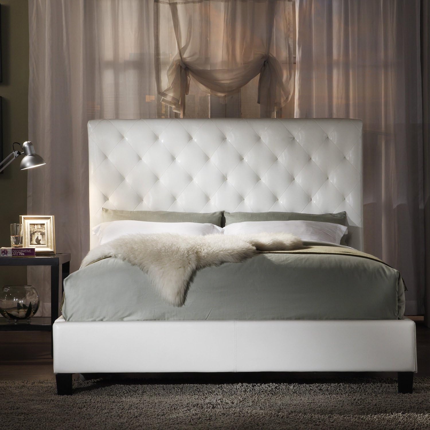 Metro Shop Tribecca Home Sophie White Bonded Leather Tufted Queen Sized Upholstered Platform Bed Sophie Queen Size Tufted White Vinyl Platform Bed