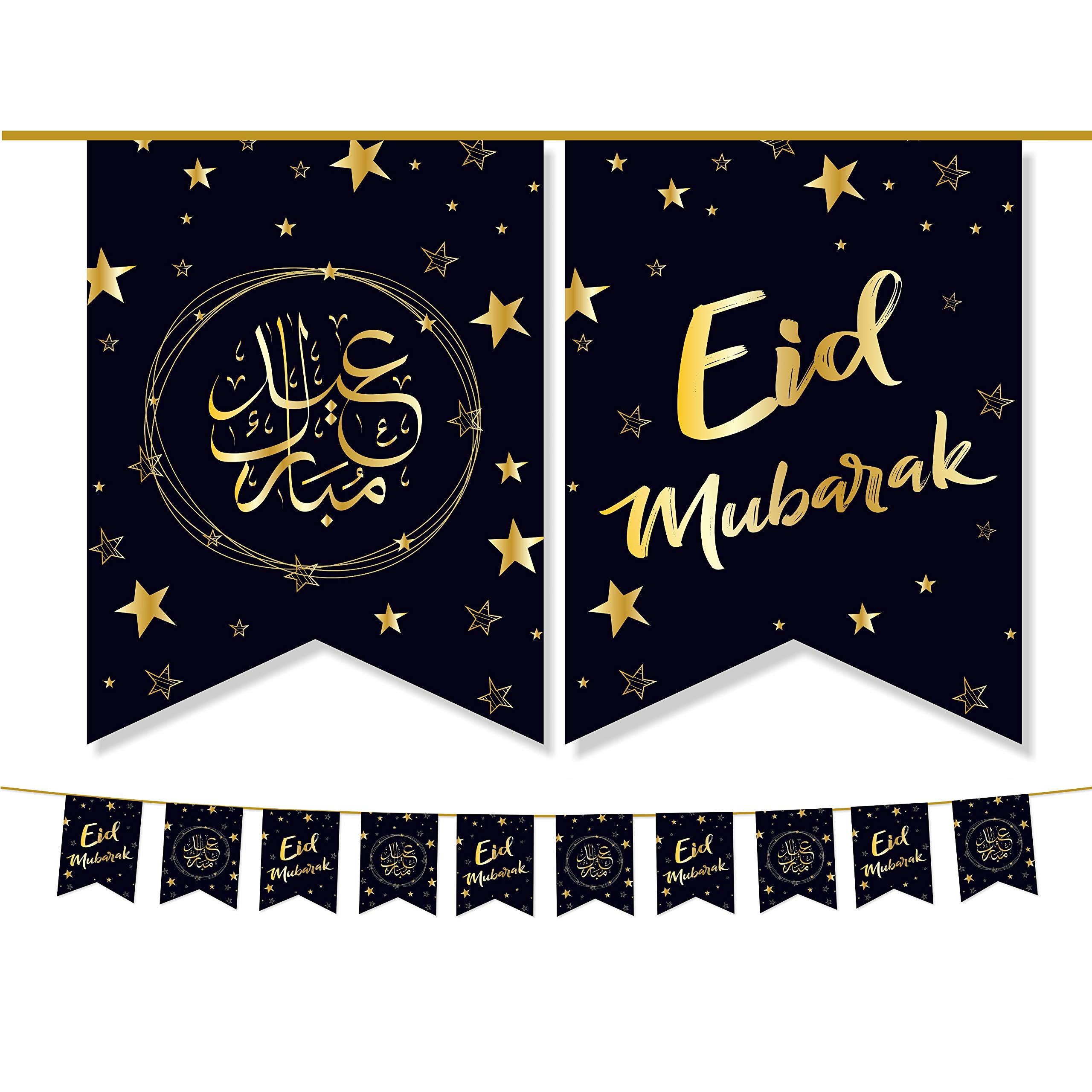 Eid Mubarak Bunting Party Flags - Eid Decorations (10 Flags) - Blue Gold Black Silver AG (Black & Gold)