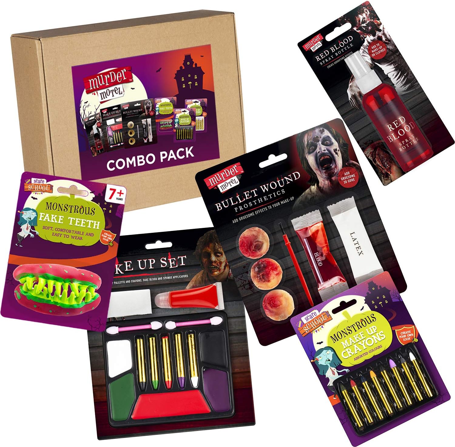 Murder Motel Halloween Make Up Set 5pk Zombie and Halloween Face Paint Make Up Set, Fake Blood Spray, Makeup Crayons Set 8pk, Monstrous Fake Teeth and Bullet Wound Prosthetics 6pk