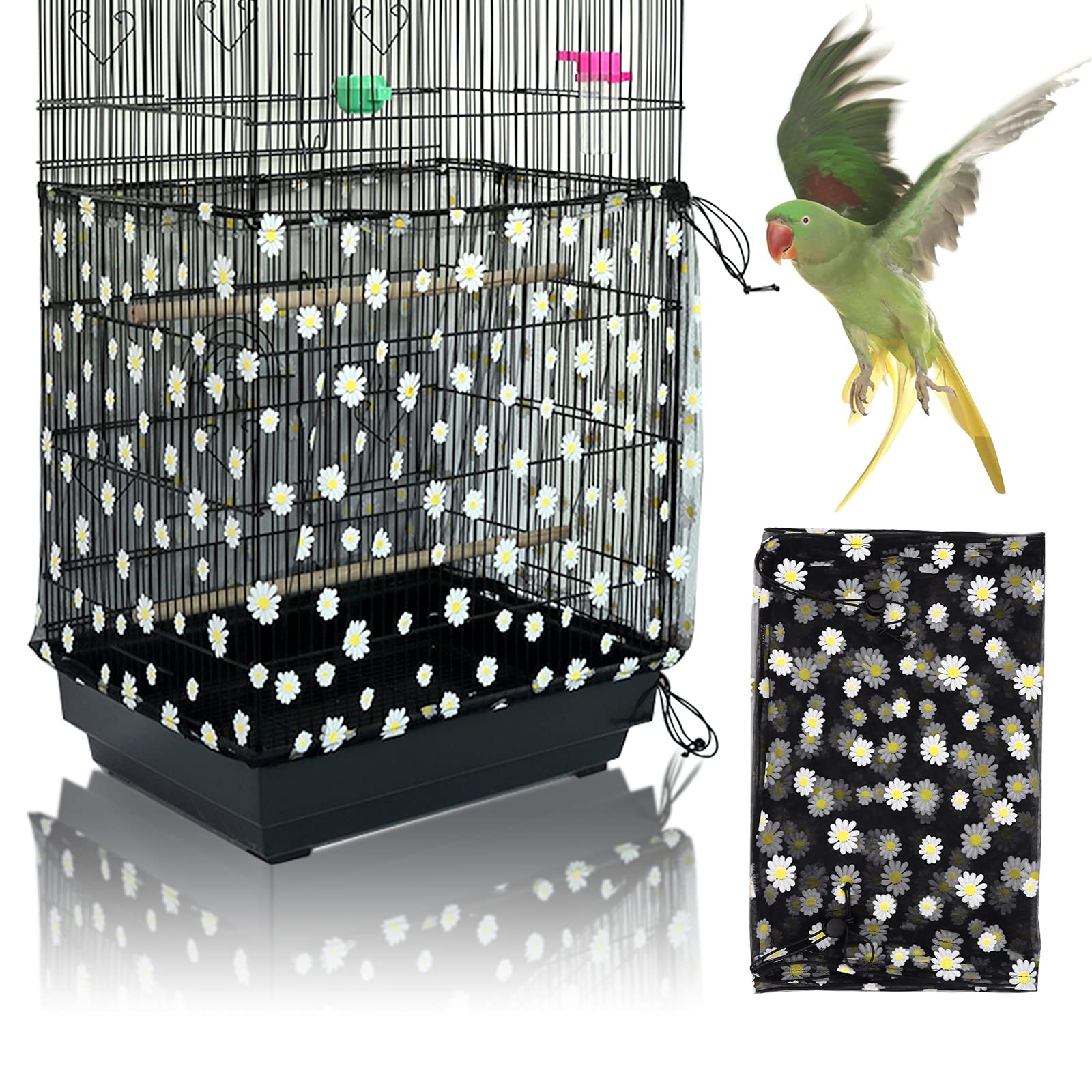 Yepper Adjustable Bird Cage Cover, Bird Cage Seed Catcher, Soft Nylon Mesh Net with Daisy Pattern, Birdcage Cover Skirt Seed Guard for Parrot Parakeet Macaw Round Square Cages (Black) — image 1