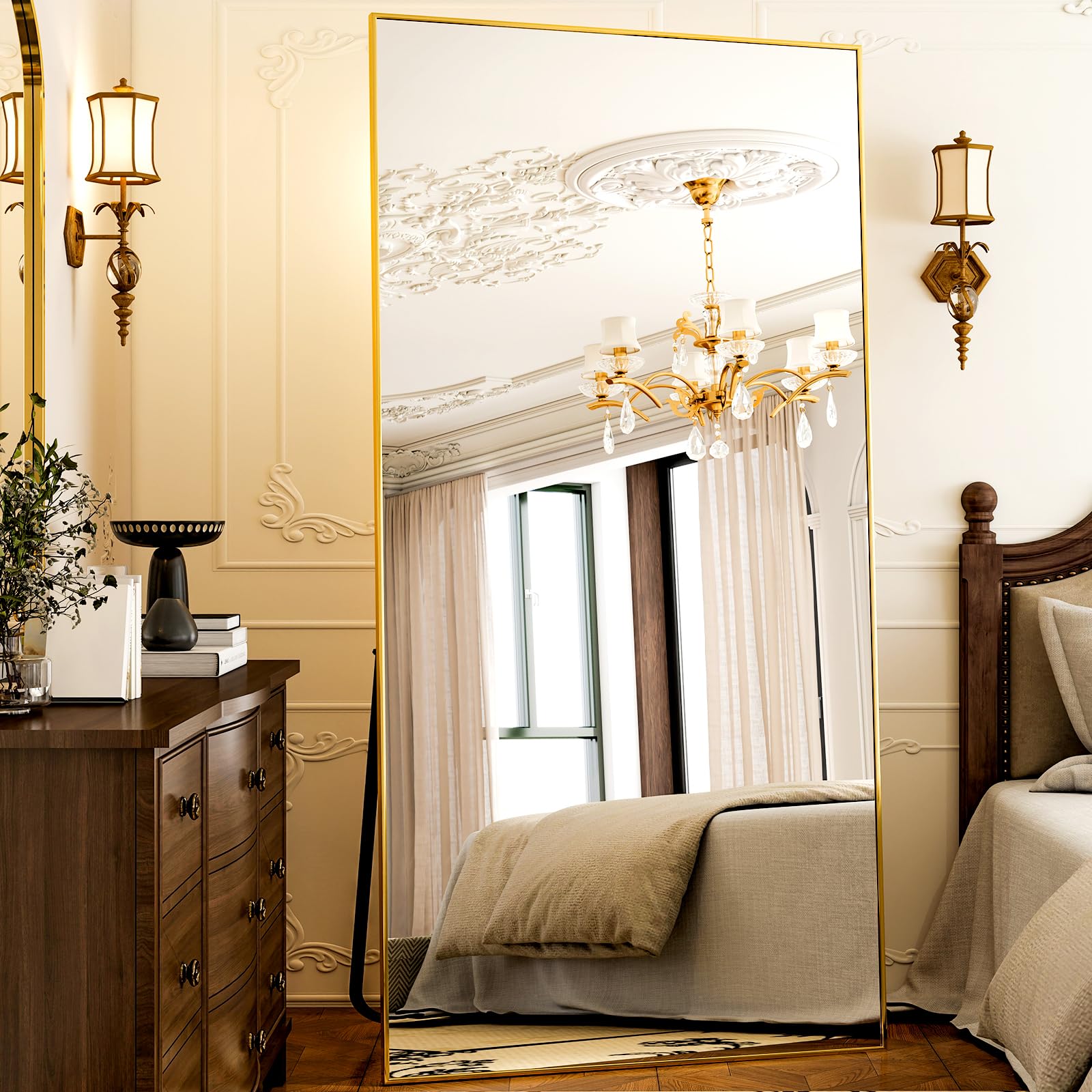 Photo 1 of GLSLAND-38 x 77" Rectangular Full Length Mirror - Large Floor Mirrors Aluminum Alloy Frame Full Body Dressing Mirror for Bedroom, Living Room,Gold