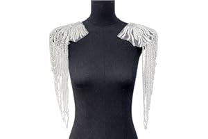 SAIXCCS 1 Pair Handmade Rhinestone Applique for Clothes, Sparkle Crystal Sewing Patches for Wedding Dress, Glass Beads Fringe Epaulettes for Shoulder Bodice Jacket Party Embellishment (White)