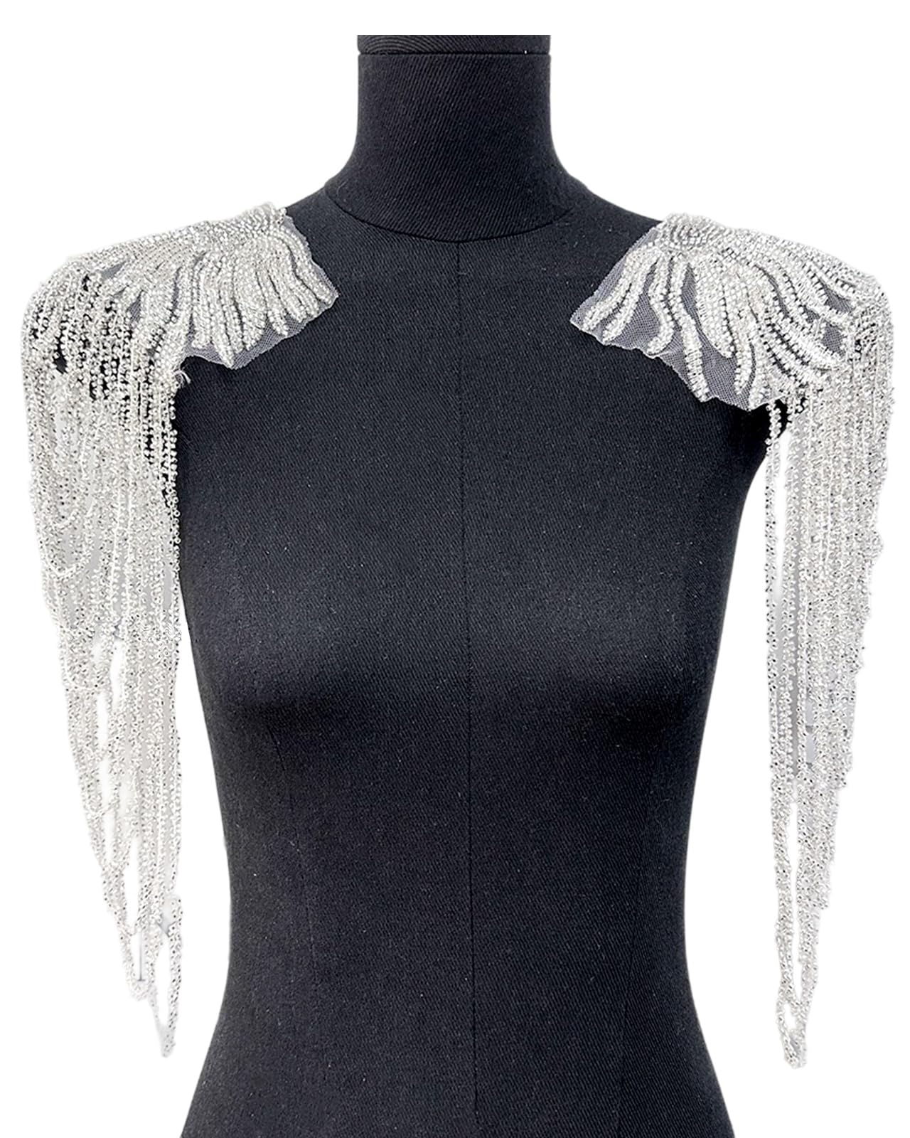 Photo 1 of 1 Pair Handmade Rhinestone Applique for Clothes, Sparkle Crystal Sewing Patches for Wedding Dress, Glass Beads Fringe Epaulettes for Shoulder Bodice Jacket Party Embellishment (White)