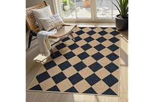 Lahome Checkered Easy Jute 3x5 Outdoor Patio Rug, Washable Rugs for Entryway Diamond Indoor Outdoor Living Room Carpet, Farmhouse Neutral Non Slip Black Door Carpet for Backyard Bedroom