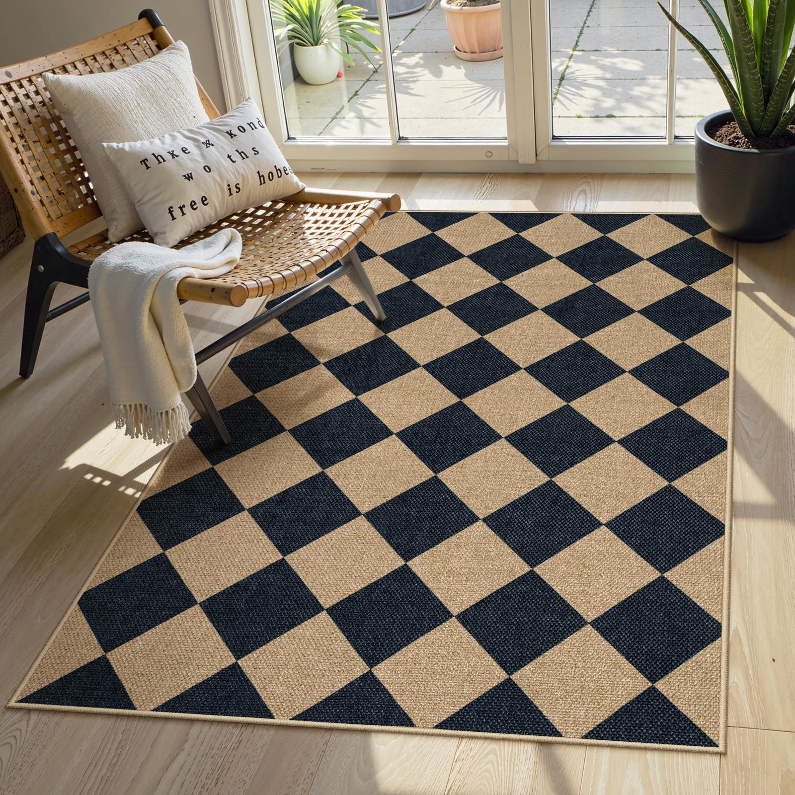 Photo 1 of Lahome Checkered Easy Jute 3x5 Outdoor Patio Rug, Washable Rugs for Entryway Diamond Indoor Outdoor Living Room Carpet, Farmhouse Neutral Non Slip Black Door Carpet for Backyard Bedroom