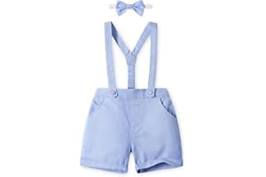 Voluboy Baby Boy Suspenders Outfit Toddler Cotton Linen Shorts with Bowtie Boys Gentleman Dress Clohtes 12 Months-5 Yrs