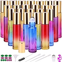 inice 24 10ml THICK Glass Roller Bottles Roll on Bottle Big Stainless Ball Gradient Color for Essential Oils (3 Dropper, 1 Fu
