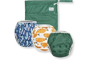 Nora's Nursery Reusable Swim Diapers and Wet Bag - One Size Fully Adjustable - Harbor Hues Unisex 3 Pack with Wet Bag