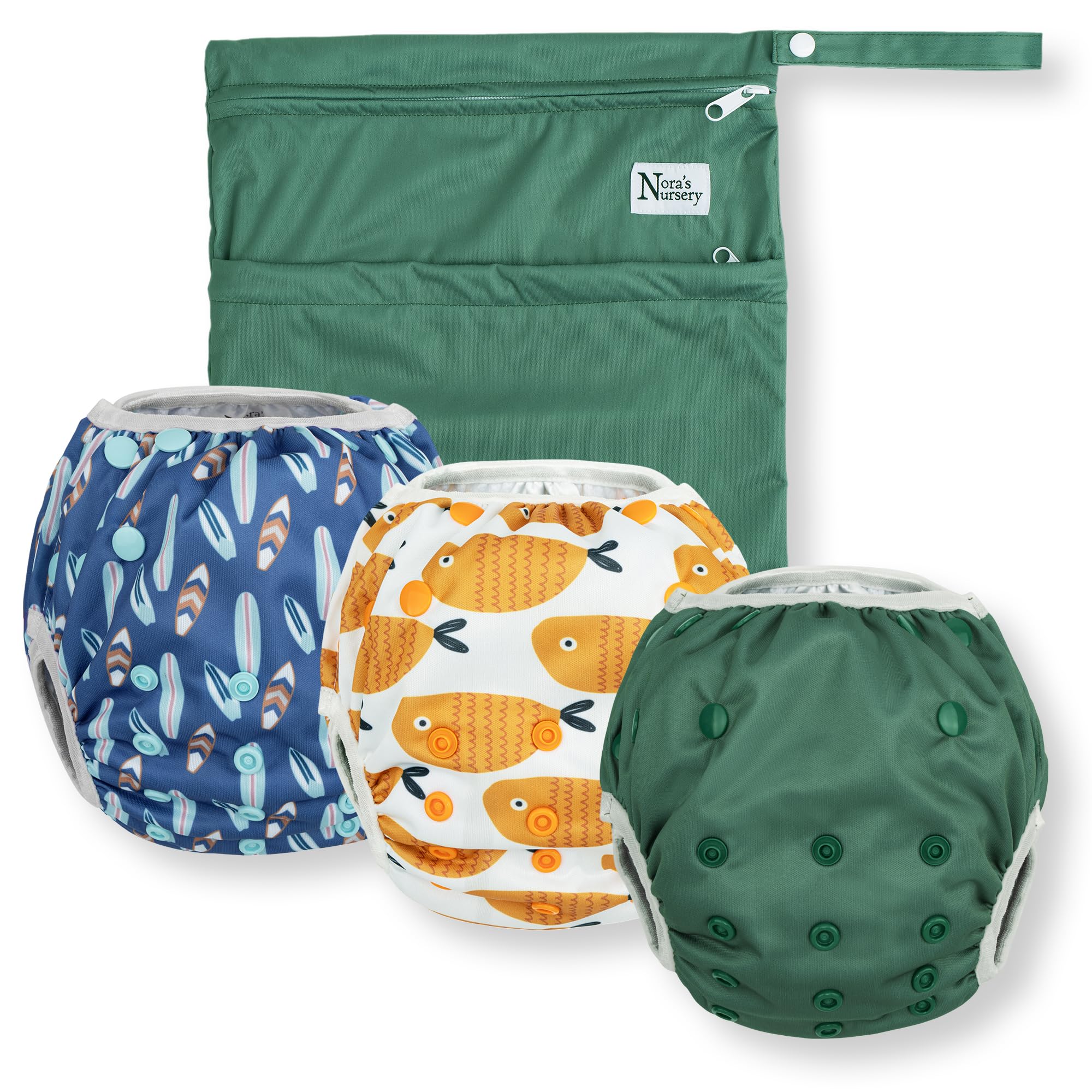 Photo 1 of Nora's Nursery Reusable Swim Diapers and Wet Bag - One Size Fully Adjustable - Harbor Hues Unisex 3 Pack with Wet Bag