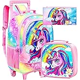 FTJCF 3Pcs Rolling Backpack for Girls, Kids Unicorn Roller Bookbag with Wheels, Wheeled School Bag Set for Elementary -Rainbow