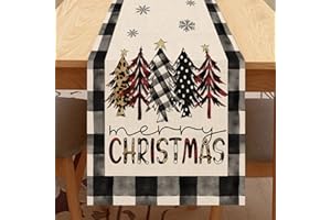 Seliem Buffalo Plaid Christmas Trees Table Runner, Merry Xmas Watercolor Snowflake Home Kitchen Decor, Seasonal Winter Holiday Farmhouse Burlap Dining Decoration Party Supply 13 x 72 Inches
