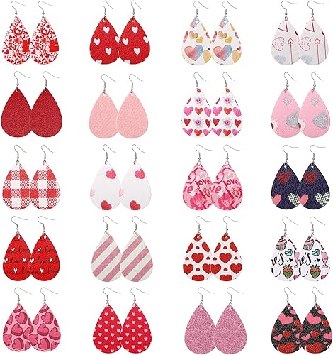 MTSCE 20 Pairs Leather Earrings for Women Girls Party, Lightweight Teardrop Faux Leather Earrings, Heart-Shaped Print Drop Earrings Set Valentine Day Gift (C Style)
