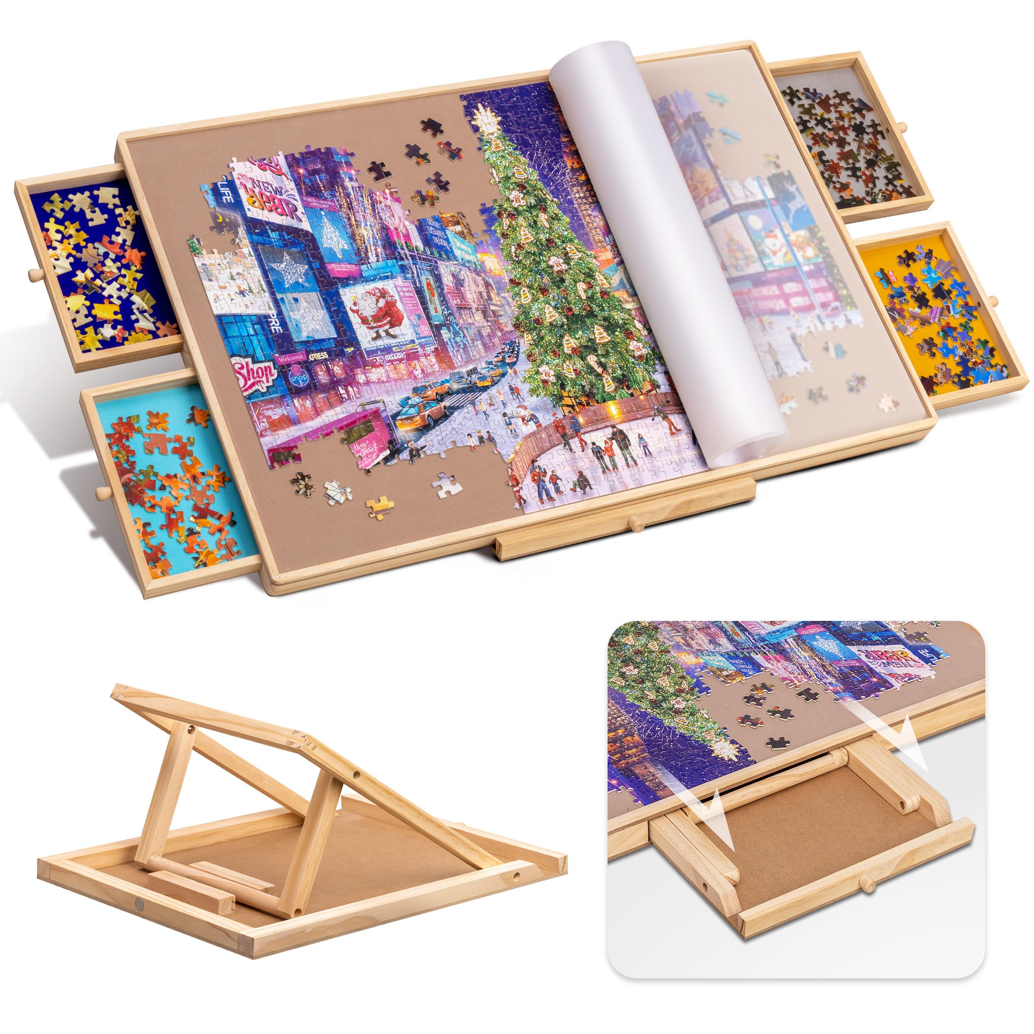 Tektalk Jigsaw Puzzle Table with Integrated Adjustable Stand/Bracket and Removable Cover, 3-Tilting-Angle Wooden Plateau Portable Puzzle Board with 4 Sorting Drawers, for Up to 1000 Pieces