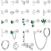 ZELORES Small Flat Back Earrings for Women Stainless Steel 20G Cartilage Stud Earrings Set for Multiple Piercing Butterfly Green CZ Flatback Earrings Helix Tragus Conch Piercing Jewelry