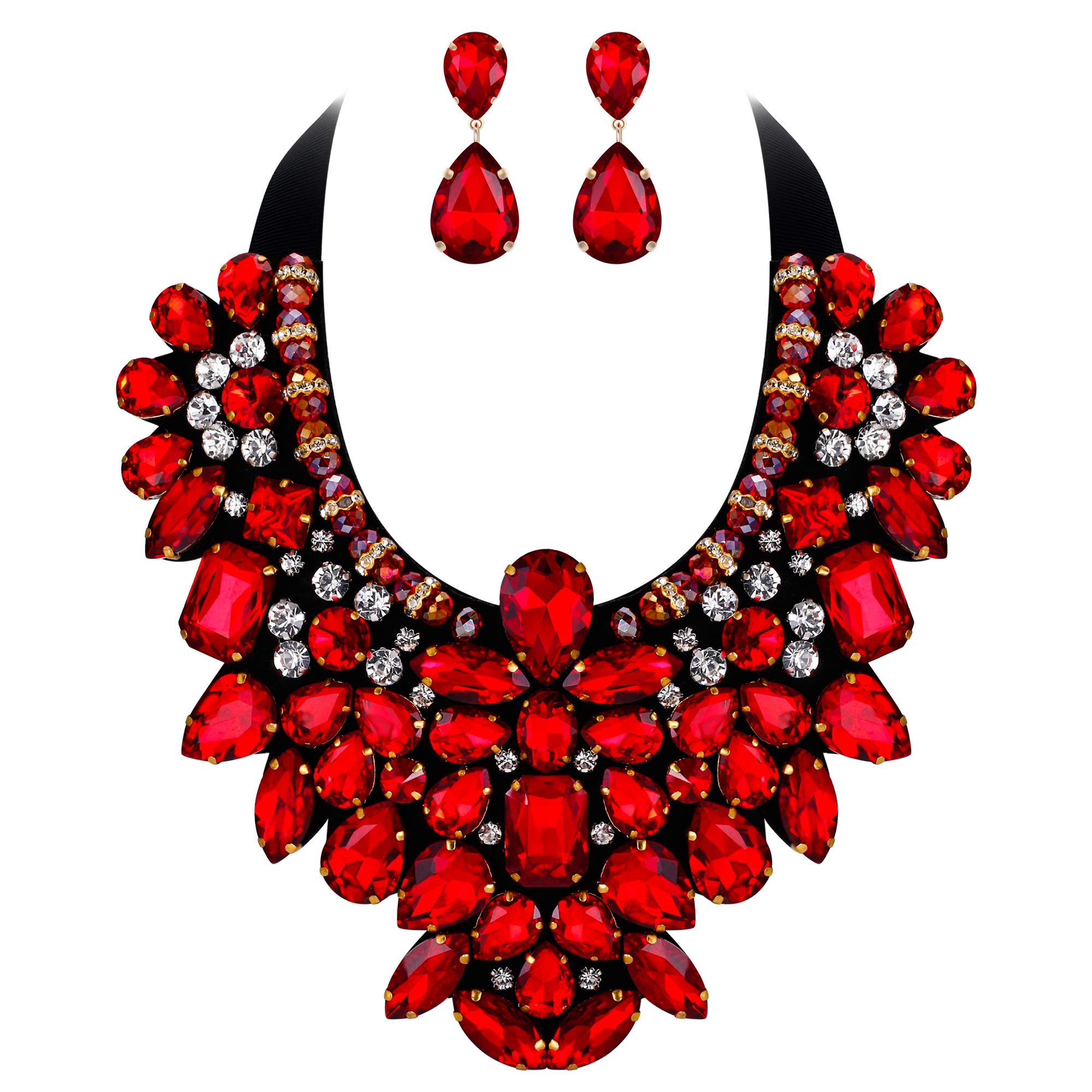 Ever Faith Costume Jewelry for Women, Red Rhinestone Crystal Chunky Collar Statement Necklace Earrings Set
