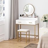 UTEX Makeup Vanity Desk Set with Mirror and Lights White and Gold | Girl Vanity Set with Drawers, Small Dressing Up Table, 3 Lighting Modes Dresser Desk and Cushioned Stool Set for Bedroom