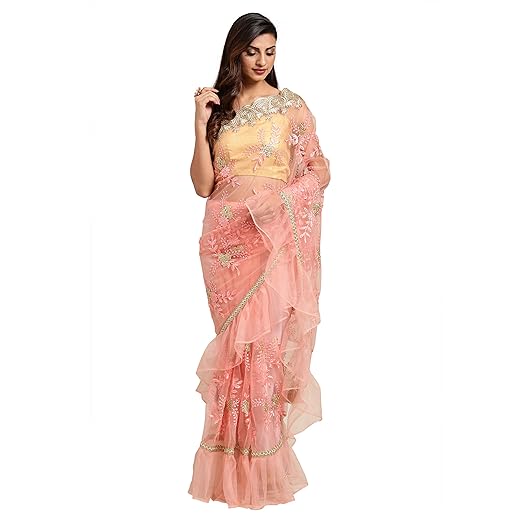 Womanista Womens net with Blouse Piece 7510 Sarees (FS9852_ Pink_ Onesize)