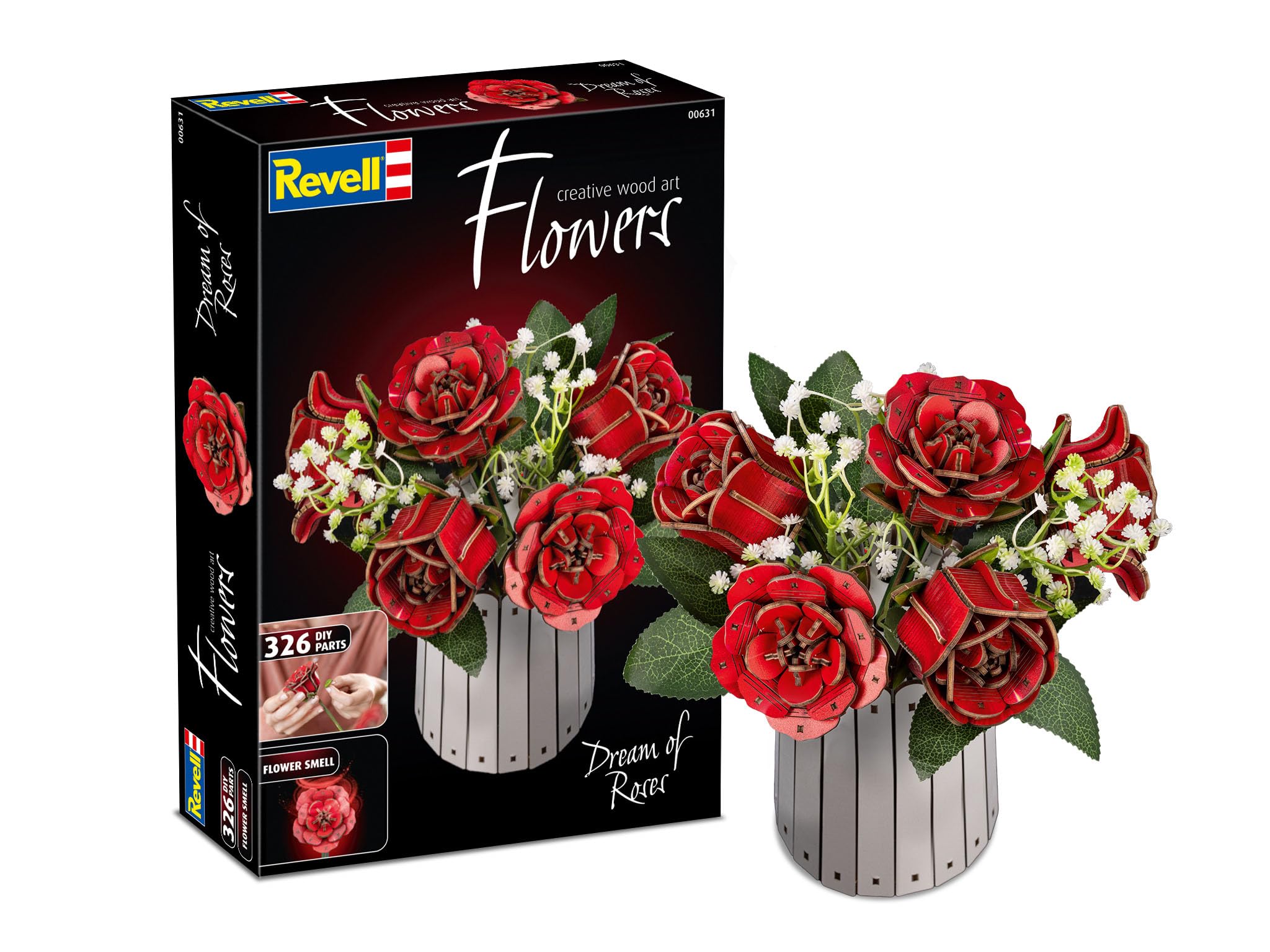 Revell Dream of Roses Ewiger Rosenstrauß aus Holz, Blumen aus Holz zum Zusammenbauen mit Vase und Duftring, DIY Blumen Deko, Romantische Geschenkidee