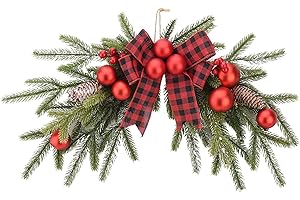 TREETDOBV Artificial Christmas Swag, Winter Pine Needles Decoration Swag with Ribbon Bow and Red Berries, and Lush Pine Needles for a Festive Touch to Your Home(B)