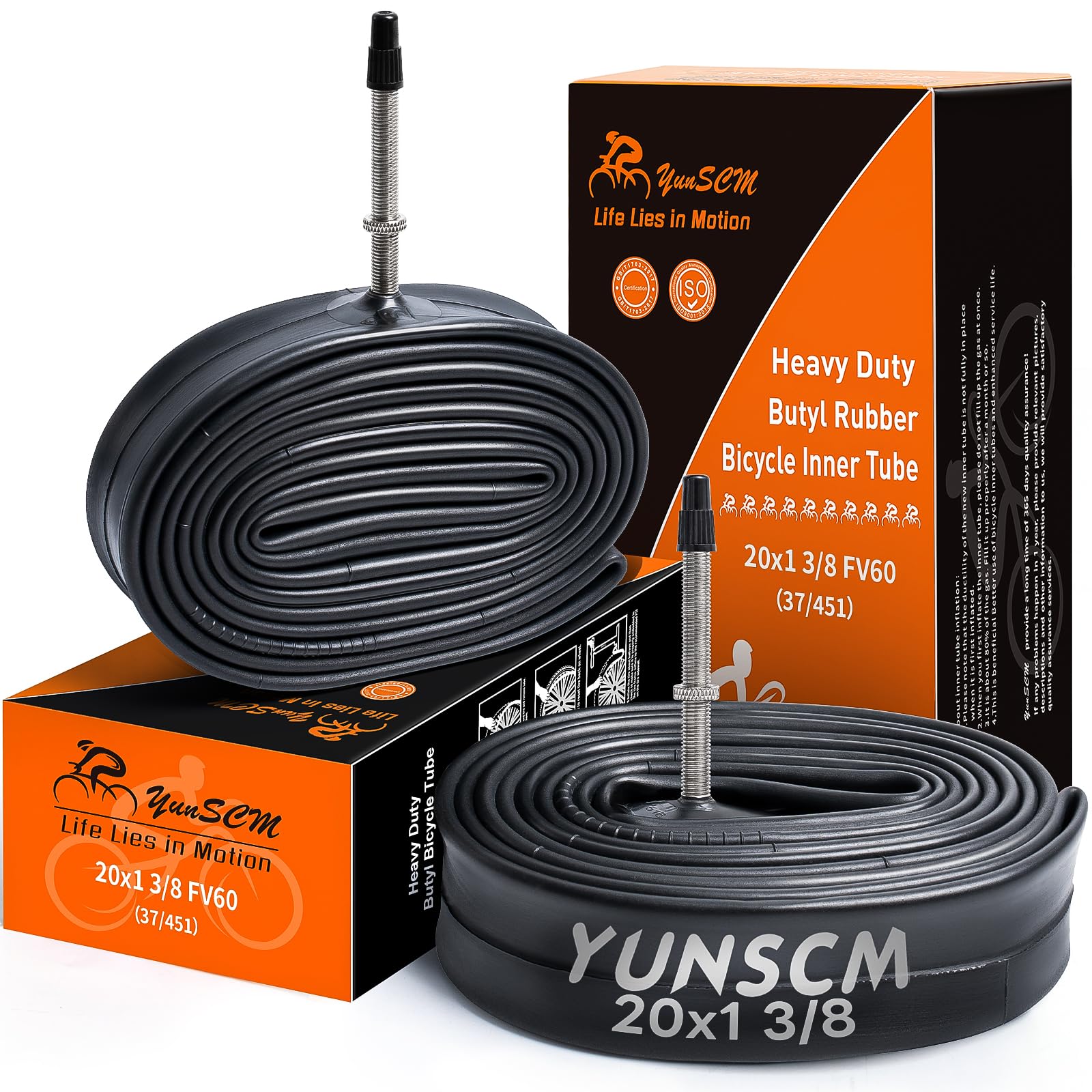 Photo 1 of 2-PCS Heavy Duty Bike Tubes 20x1 3/8 (37-451) FV60mm Presta Valve Premium Butyl Rubber Inner Tubes Replacement for 20 x 1 3/8 20x1 3-8 Bike Bicyle Tire Tubes
