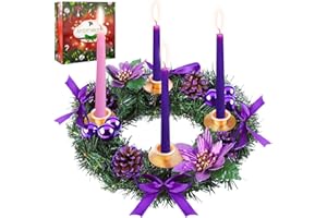 MCEAST 12 Inch Christmas Centerpiece Wreath Candle Holder with Purple Ribbon, Bowknots, Pine Cones for Home and Church Decoration
