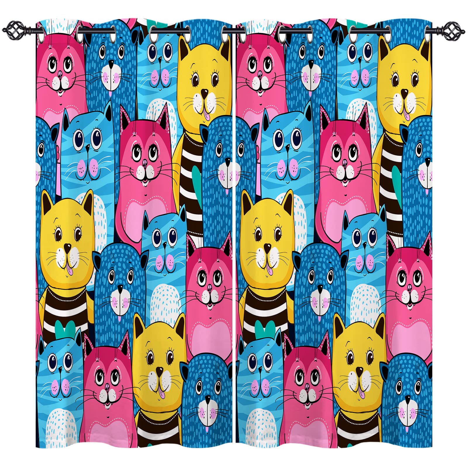 ANHOPE Cat Curtains Eyelet 80% Blackout Room Darkening Curtains Colorful Cartoon Animal Cats Print Pattern Thermal Window Drapes for Kids Boys Girls Bedroom Living Room 46 x 54 Inch Drop 2 Panels