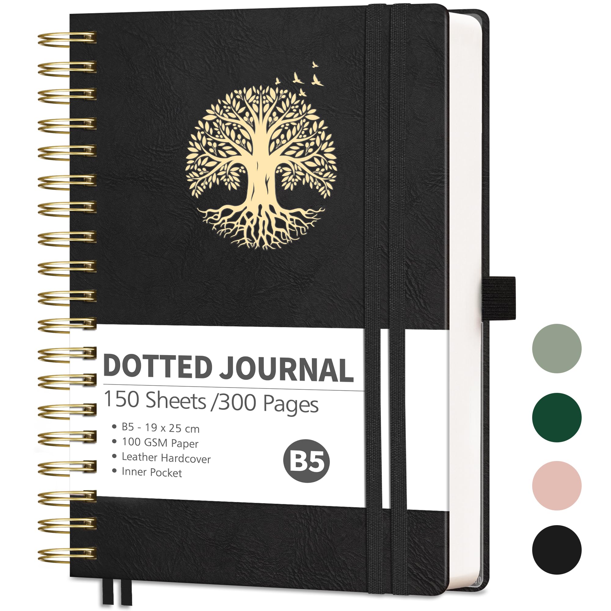 RETTACY Dotted Notebook B5-Bullet Dot Journal Notepad for Writing, Spiral Note book 300Pages /150 Sheets,100gsm No Bleed Paper,with Bookmark Journal Stencils, Inner Pocket - Black