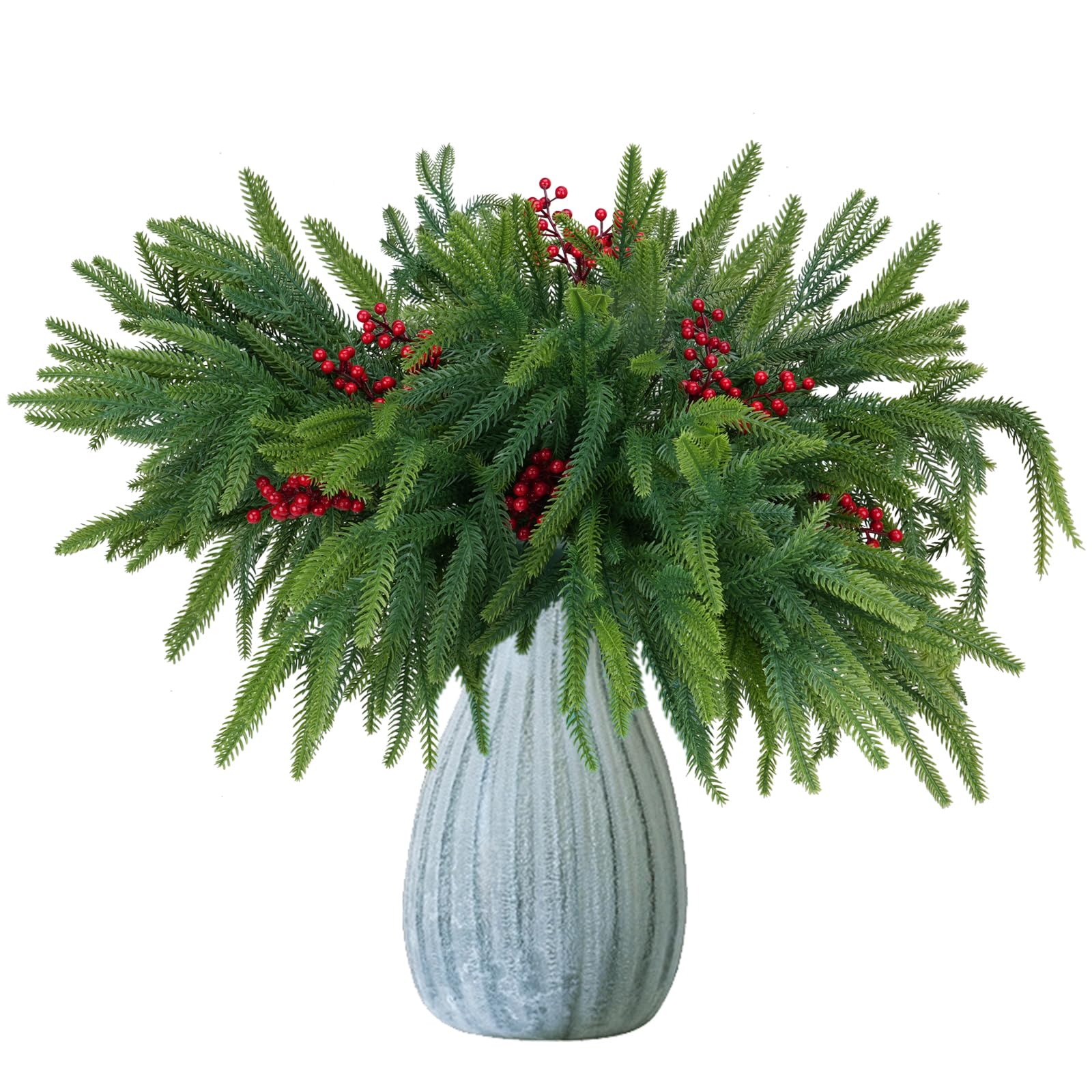 Photo 1 of 18Inches 16pcs Christmas Norfolk Pine Stems with Berry Set,Artificial Norfolk Branch 8pack, Faux Berry Stem 8pack,Fake stem Greenery Pine Picks for Indoor Home Vase DIY Outdoor Wreath Decoration