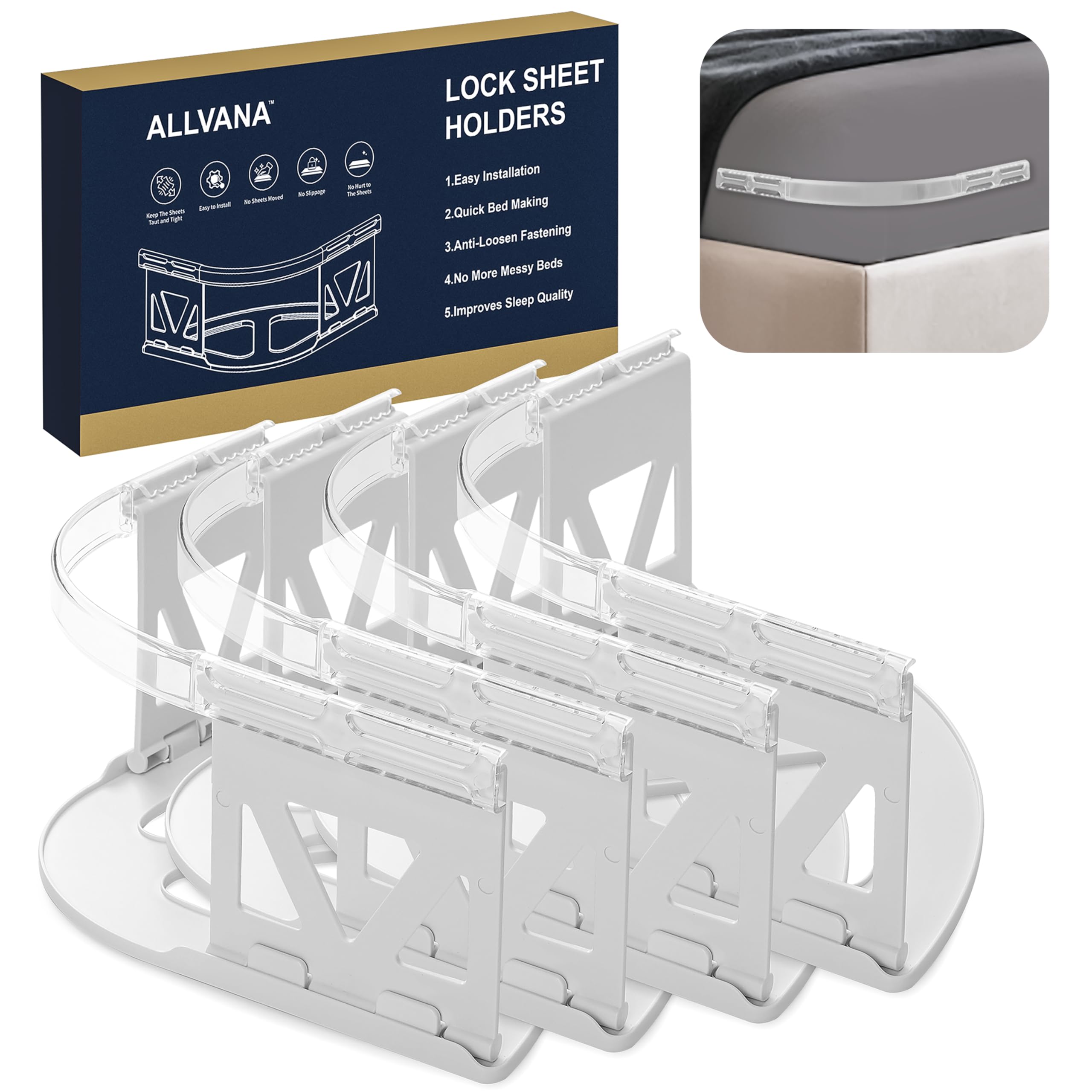 Photo 1 of ***SOLID WHITE NOT TRANSPARENT*** ALLVANA New Upgraded ABS+PC Lock Bed Sheet Holders for Corners - Heavy-Duty Sheet Clips & Straps with Super Grip Fasteners, Keep Sheets Tight & Secure on All Bed Types, Universal Fit
