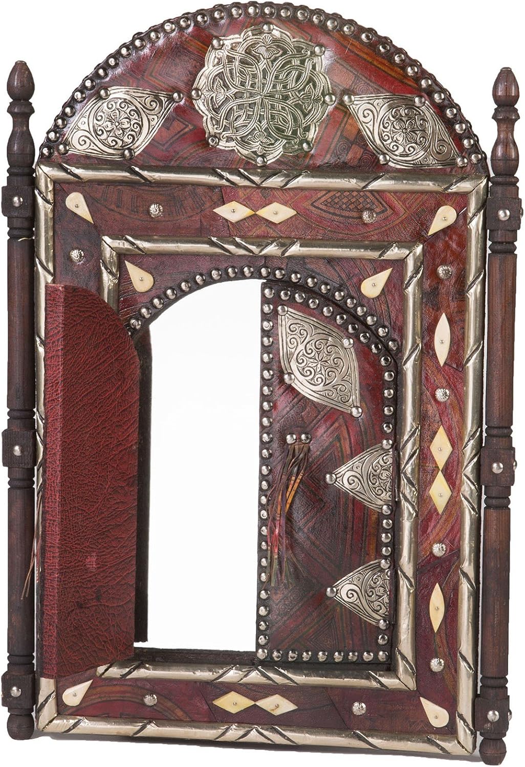 23 Inch Moroccan Artisan Leather Mirror with Doors Home